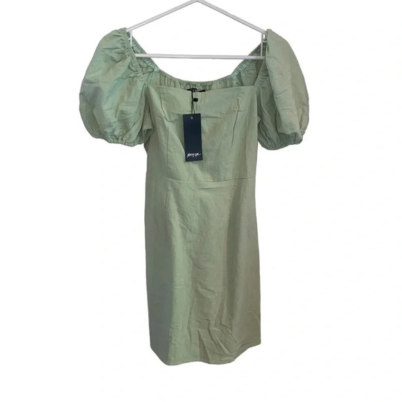 New Nasty Gal sage green puff sleeve Linen Look mini Cute Soft Girl Party Dress - Picture 3 of 8